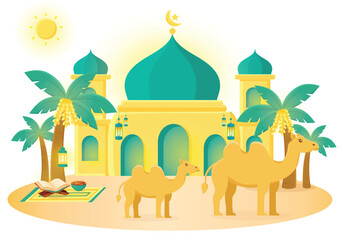 Middle east vector cartoon illustration. Dates palm, camel, mosque, desert vector illustration