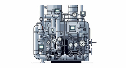 Intricate industrial piping system with gauges, valves, and screens, rendered in a pixel art style