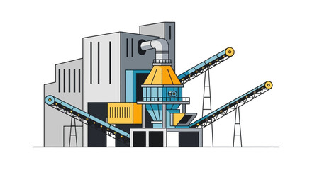 Fototapeta premium Industrial processing plant with conveyor belts and towering structures illustrating manufacturing and production