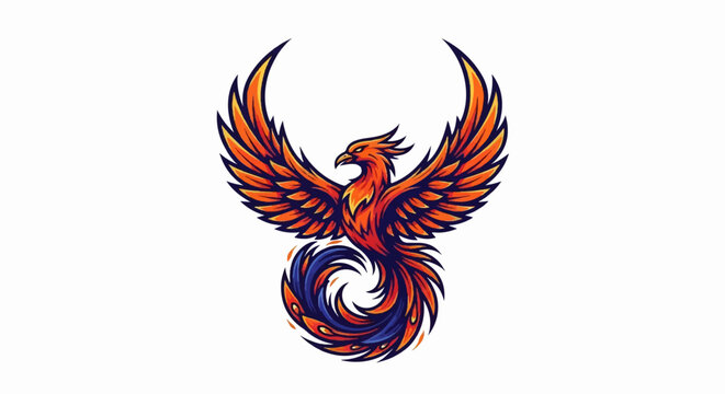 Mythical firebird with wings spread wide, fiery plumage, and swirling tail