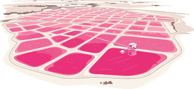 Vast pink salt evaporation ponds with industrial machinery in a dry landscape