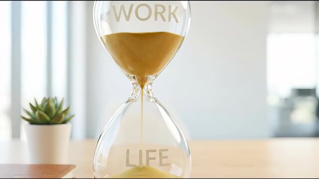 Clear glass hourglass with sand flowing from "work" to "life" on a modern desk, suitable for business concept, time management, career planning, personal development, and lifestyle content.