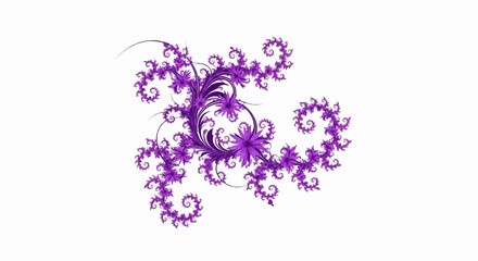 Ornate purple fractal floral swirls and flowers on a white background