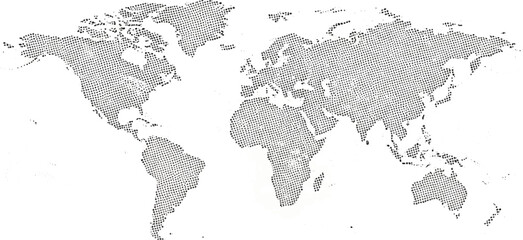 A dotted world map showing continents and islands on a white background