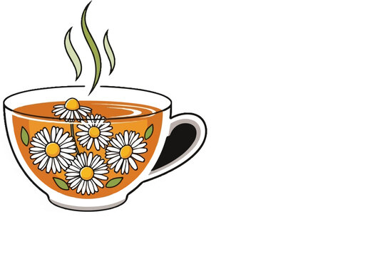 Steaming cup of herbal tea infused with white daisies and green leaves