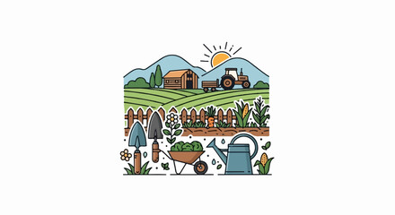 Obraz premium Farm landscape with tractor, barn, crops, and gardening tools under a rising sun
