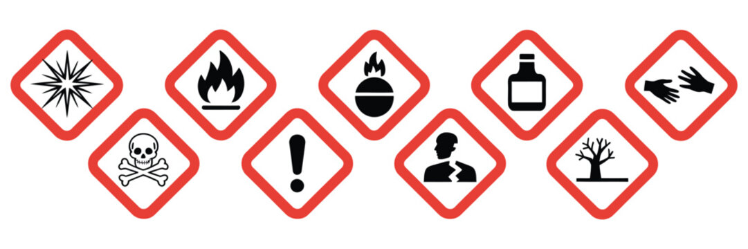 GHS hazard warning symbols, red and white diamond alert signs, danger icons, isolated vector illustration