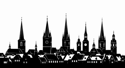 Fototapeta premium Silhouette of a historic cityscape with multiple church spires and varied rooftops