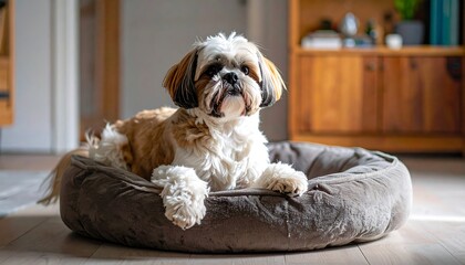 Adorable Shih Tzu Dog Relaxing Comfortably in Its Cozy Bed Indoors.