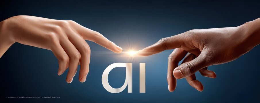 Ai hand touch: two hands reach toward glowing AI logo symbolizing human and machine collaboration
