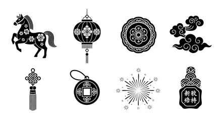 Black and white illustrations of chinese new year decorative elements
