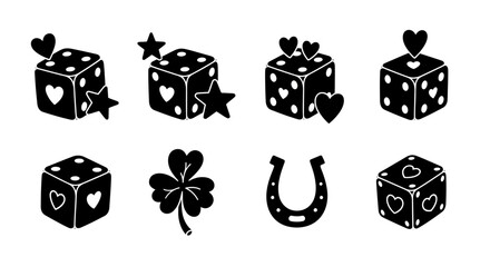Black silhouettes of lucky charms and dice with heart and star details