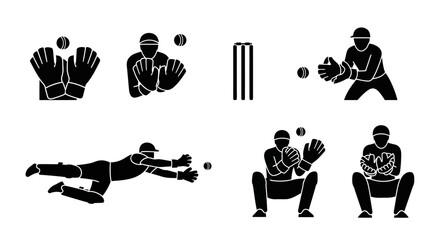 Cricket players in various fielding positions with balls and wickets © Hridoy