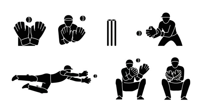Cricket players in various fielding positions with balls and wickets