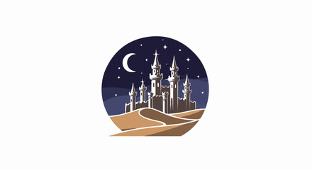 Obraz premium A stylized medieval castle stands tall atop sand dunes under a starry night sky with a crescent moon