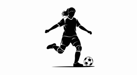 Silhouette of a female soccer player kicking a ball on a white background