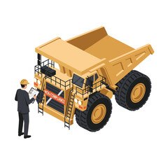 Man in suit inspecting large yellow mining dump truck. © Berkah