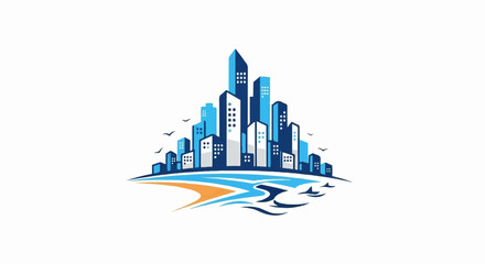 Obraz premium Stylized coastal city skyline with abstract water elements and flying birds