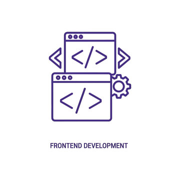 Illustration of frontend development process with coding symbols and browser windows