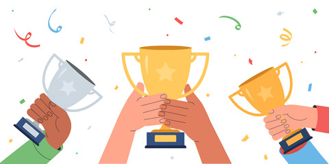 Hands holding trophies with confetti and ribbons celebrating achievement and success