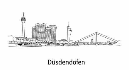 Obraz premium A black and white line drawing of a city skyline featuring a tall tower, modern buildings, and a bridge over a river with boats