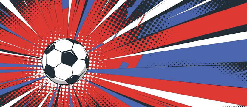 Soccer ball flying through colorful comic book style burst of red blue and white lines
