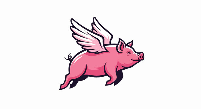 A stylized pink pig with feathered wings soars through a white expanse