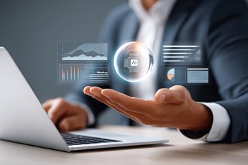 Fototapeta premium Business professional showcases AI hologram data visualization emerging from laptop at a futuristic office desk