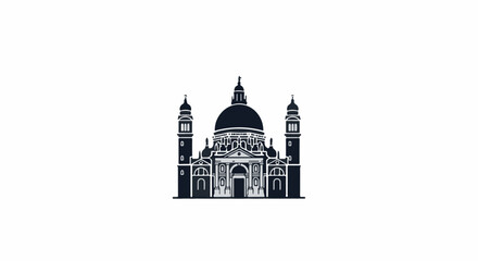 Stylized dark silhouette of a grand domed building with twin towers and detailed facade