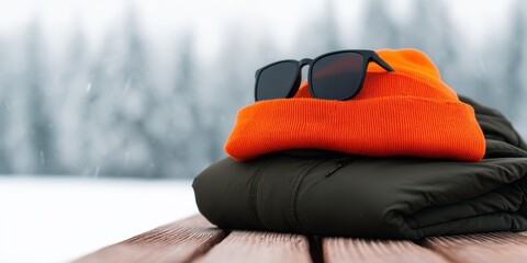 Reflective Winter Gear concept. Cozy winter wear stacked on a wooden surface in a snowy setting.