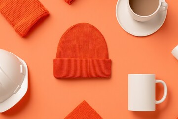 Reflective Winter Gear concept. Warm accessories arranged on a vibrant orange background.