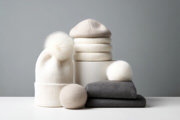 Reflective Winter Gear concept. Stylish winter hats and accessories in neutral tones.
