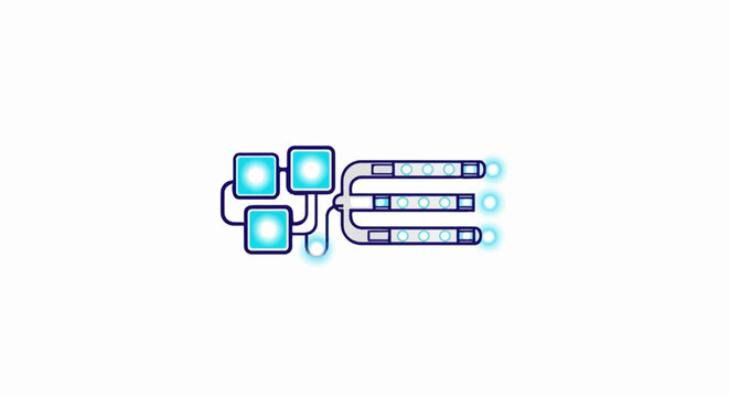 Abstract geometric design featuring glowing blue squares connected to three parallel tubes