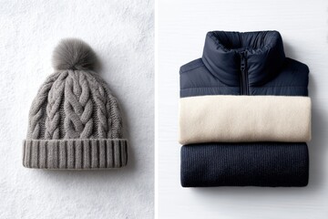 Reflective Winter Gear concept. Warm winter hat and layered clothing on a textured surface.
