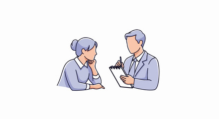 Two people, a woman and a man in a suit, are depicted in a simplified illustration, interacting