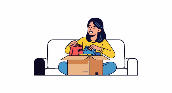 Person sorting clothes from a box while sitting on a couch