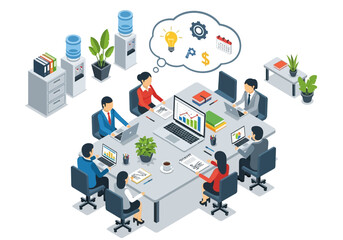 Fototapeta premium Isometric business meeting in a modern office with people discussing ideas around a conference table