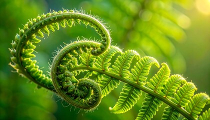Close-up of a vibrant green fern frond unfurling in soft sunlight, showcasing intricate details and natural beauty.