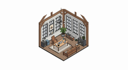 Fototapeta premium Cozy isometric office with large windows and wooden accents