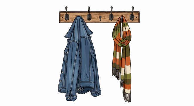 A denim jacket and a striped scarf hang on hooks on a wooden rack
