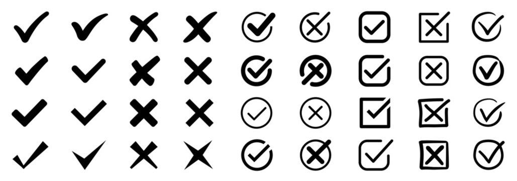 Check tick mark icon set, hand drawn cross box x check mark checkbox v, sketch marker checklist symbol right and wrong set, brush marker checklist symbol, Hand drawn doodle vote yes no