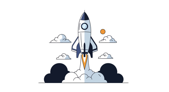A cartoon rocket ship launches into the sky with clouds and sun.