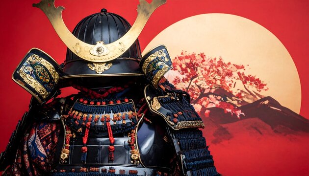 Traditional Japanese Samurai Armor with Mount Fuji and Cherry Blossoms.