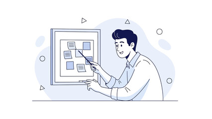 Man pointing at sticky notes on a board, planning and brainstorming concept illustration