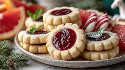 Cookies and fruits arranged on a plate for a festive gathering in a cozy kitchen setting during the winter season