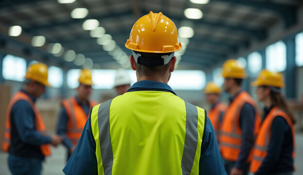 Construction supervisor briefing to a group of workers in an industrial setting
