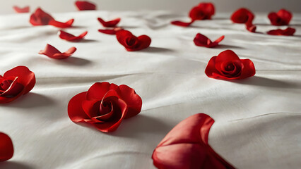 Romantic crimson roses on wrinkled white bedding