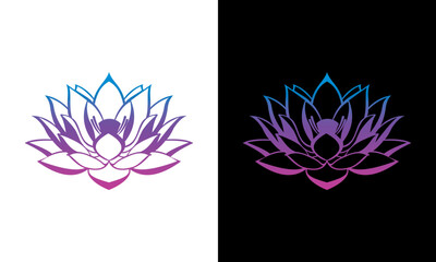 Obraz premium Lotus flower illustration in purple and blue hues on contrasting white and black backgrounds showcasing serene beauty from a direct viewpoint