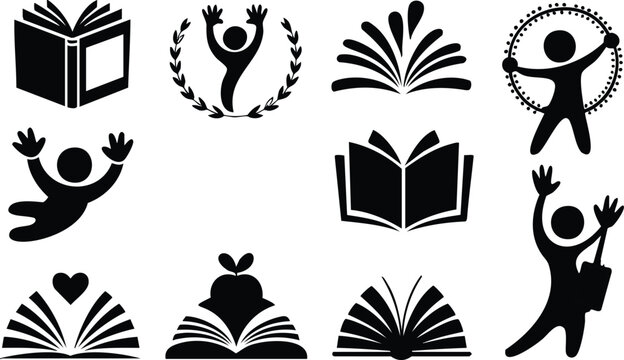 Set bundle world book day silhouette with figures and open textbooks