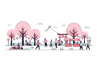 Vibrant park scene with cherry blossoms and lively outdoor market stalls
